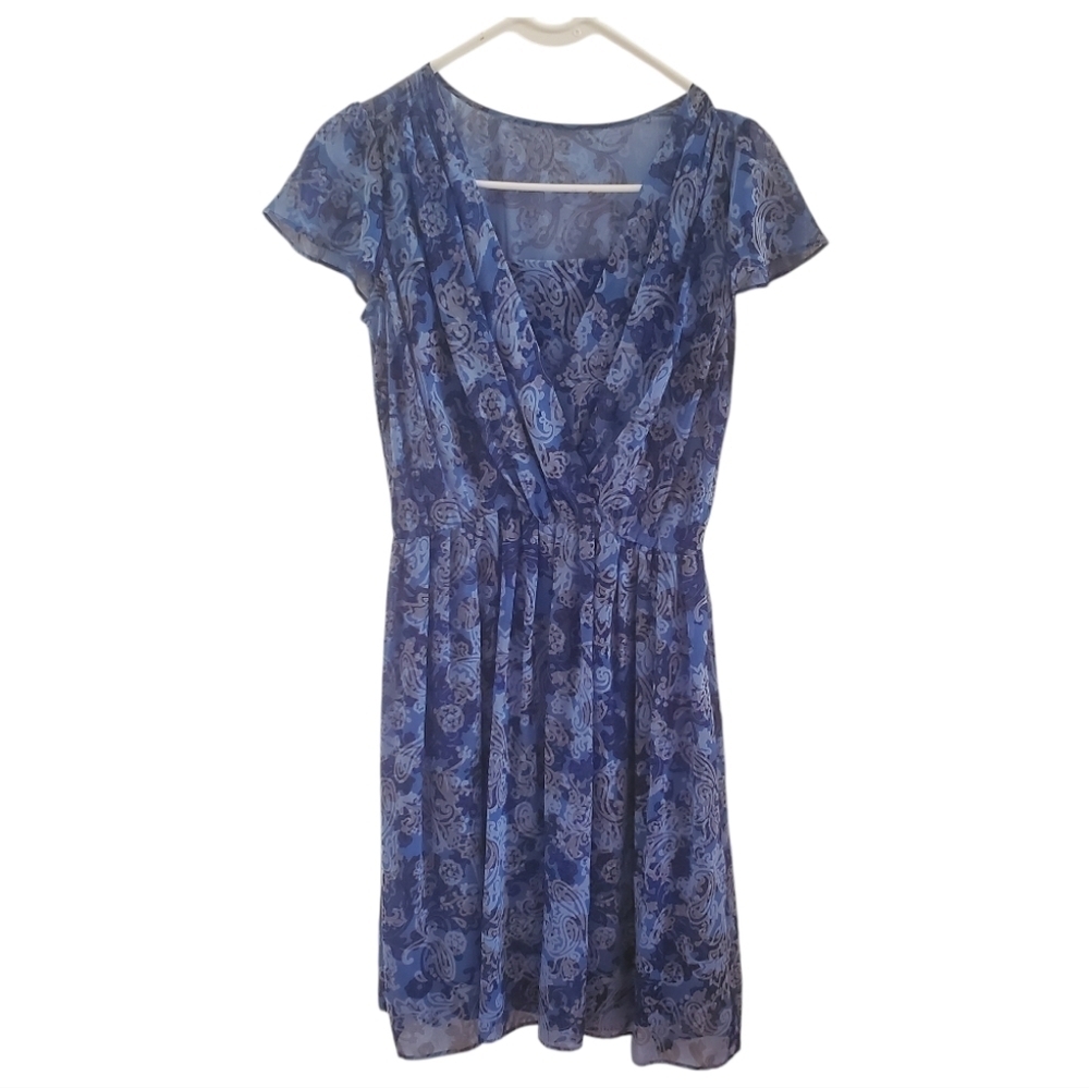 Short sleeve blue print pleated dress
